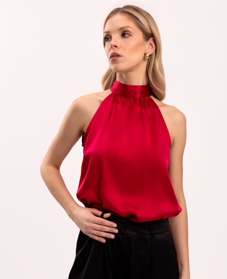 Seidenes Top mit Neckholder-Ausschnitt - carmine