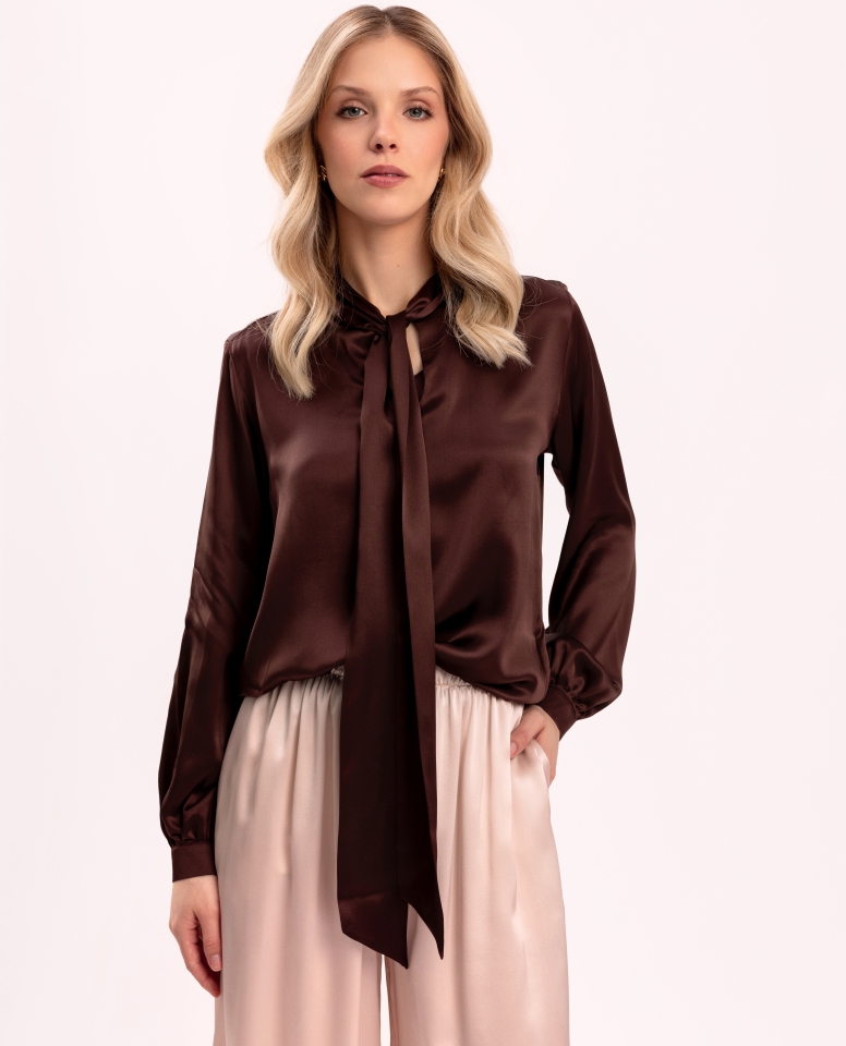 Silk shirt with a tied bow - chocolate