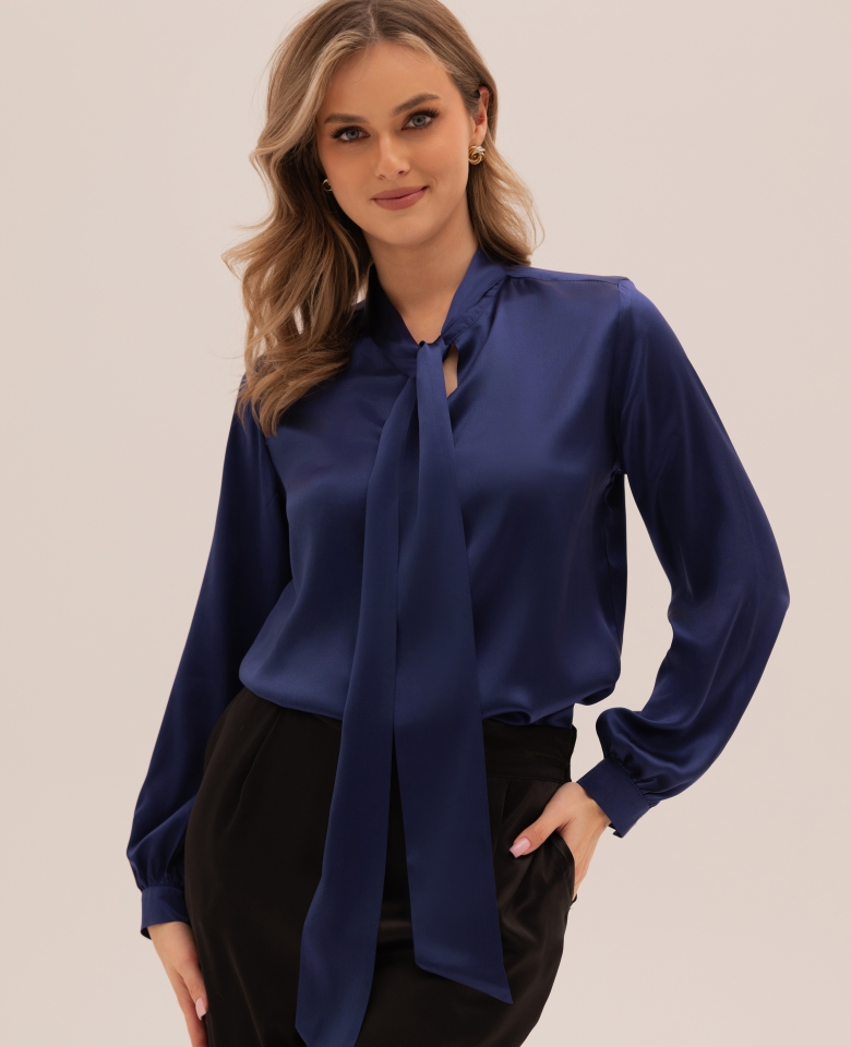 Silk shirt with a tied bow - navy blue