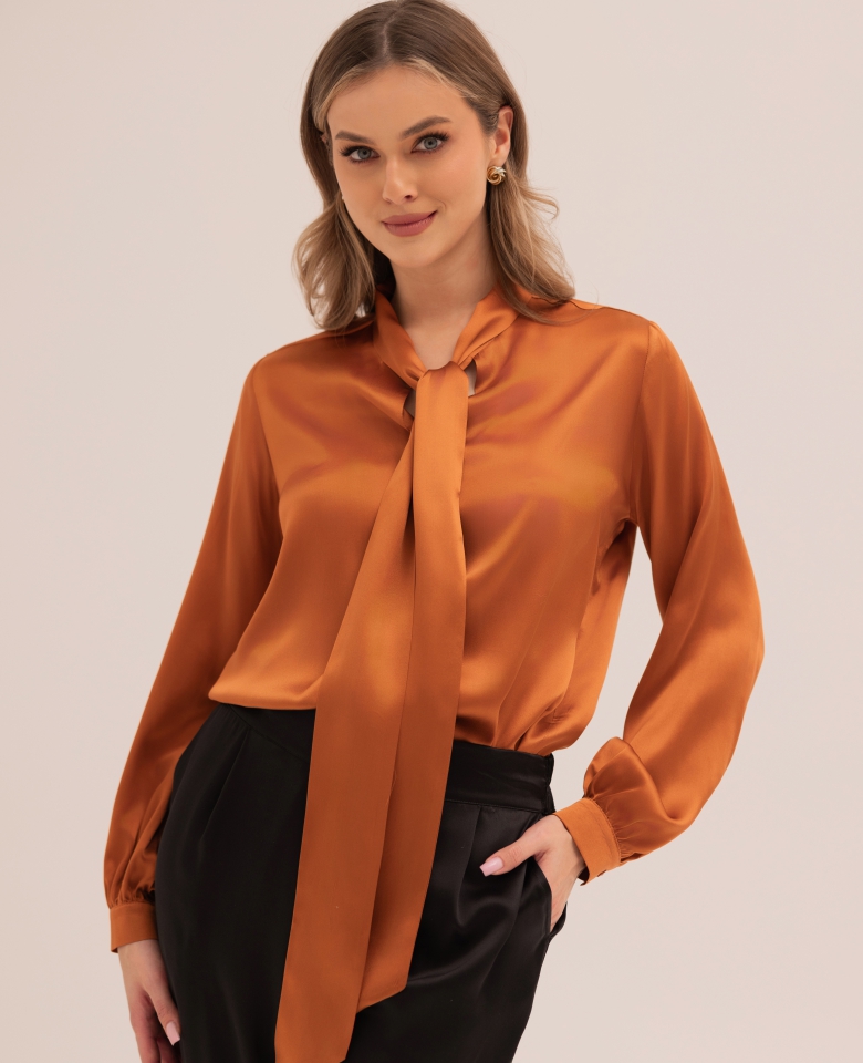 Silk shirt with a tied bow - terracotta
