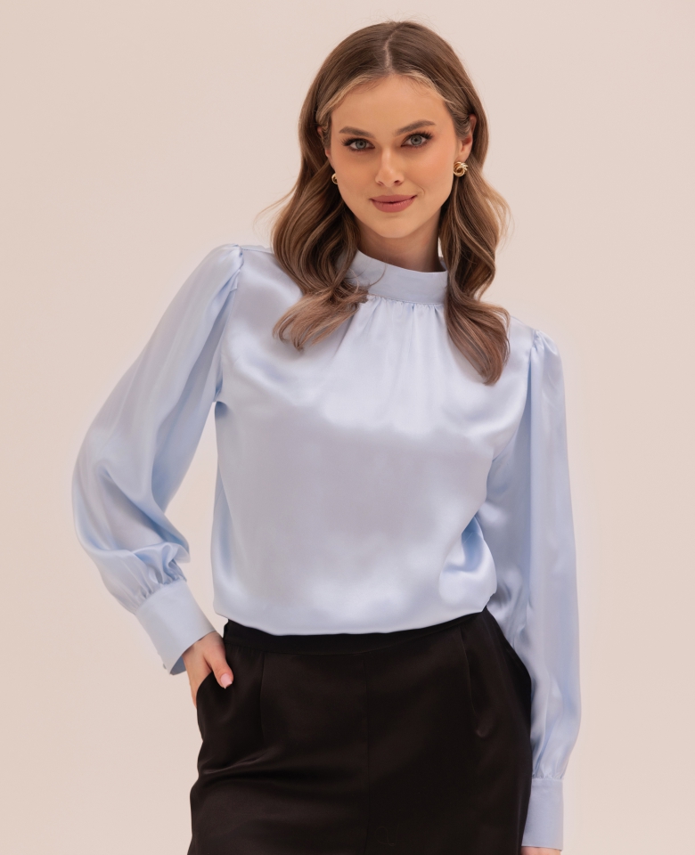 Silk blouse with a half-turtleneck - baby blue