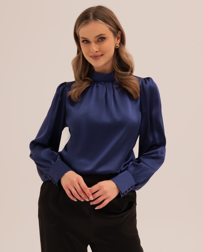 Silk blouse with a half-turtleneck - navy blue
