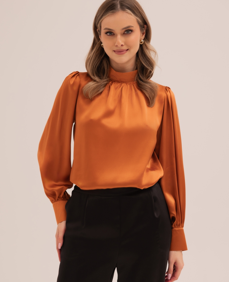 Silk blouse with a half-turtleneck - terracotta
